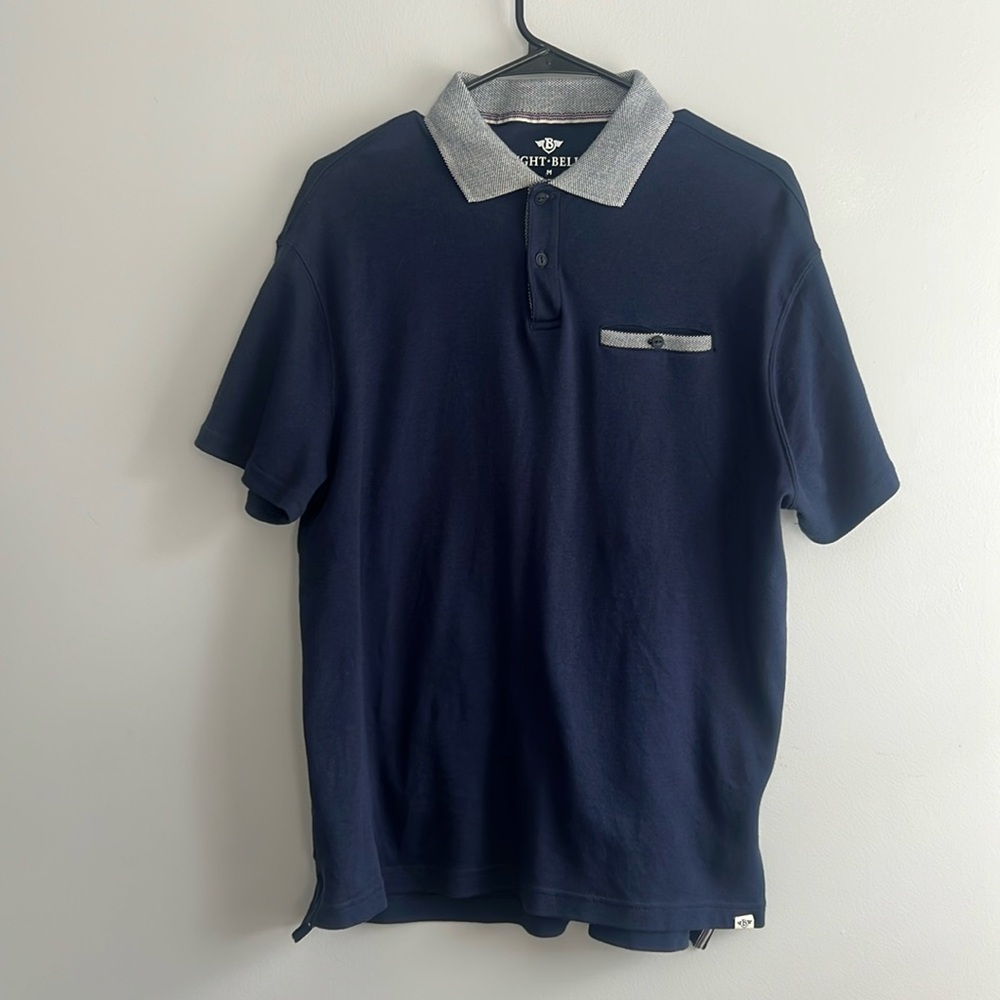 Men’s Short Sleeve Polo, Navy with textured collar and pocket detail, size M